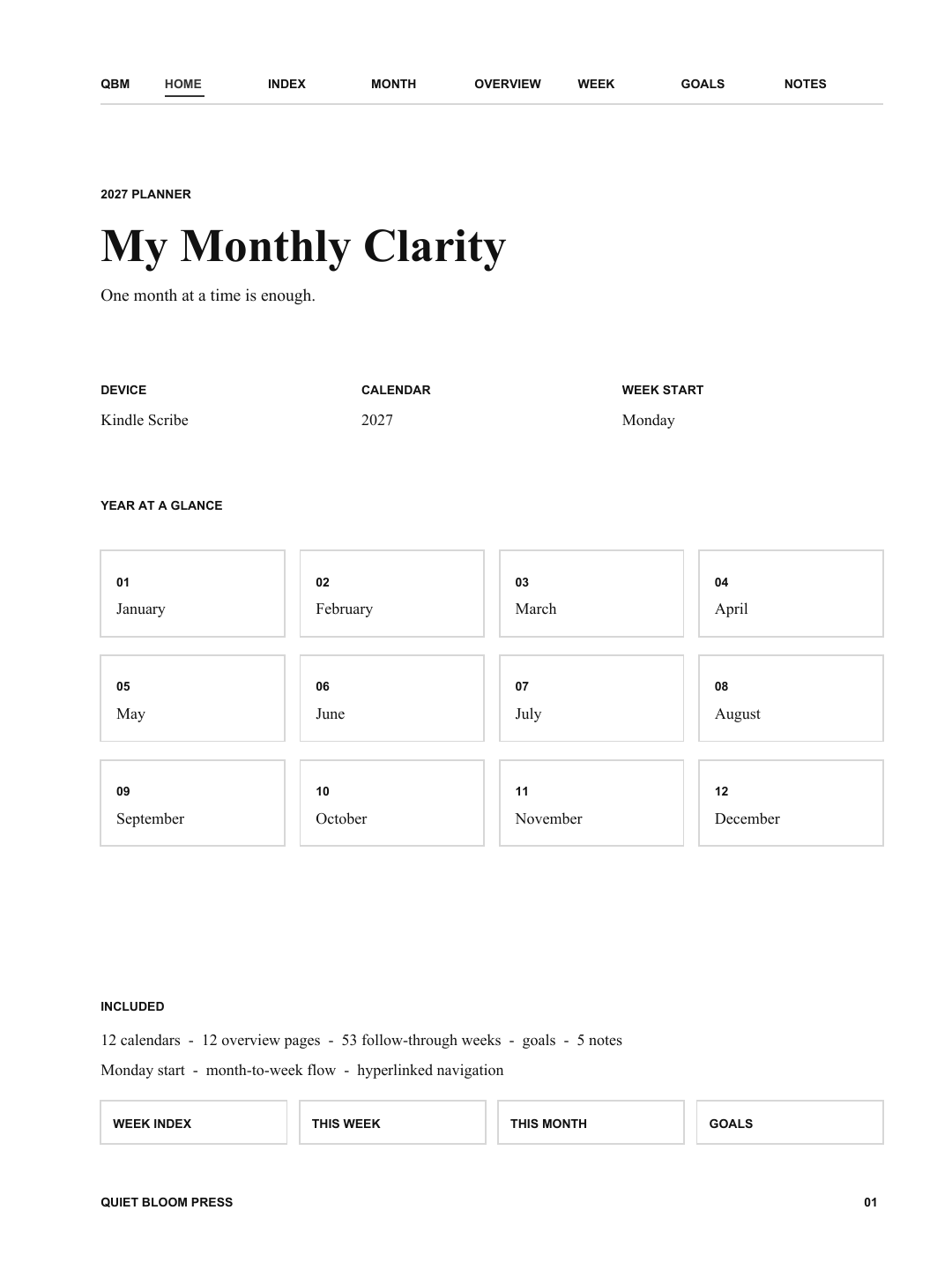 Monthly Clarity page fitted to Kindle Scribe 10.2-inch