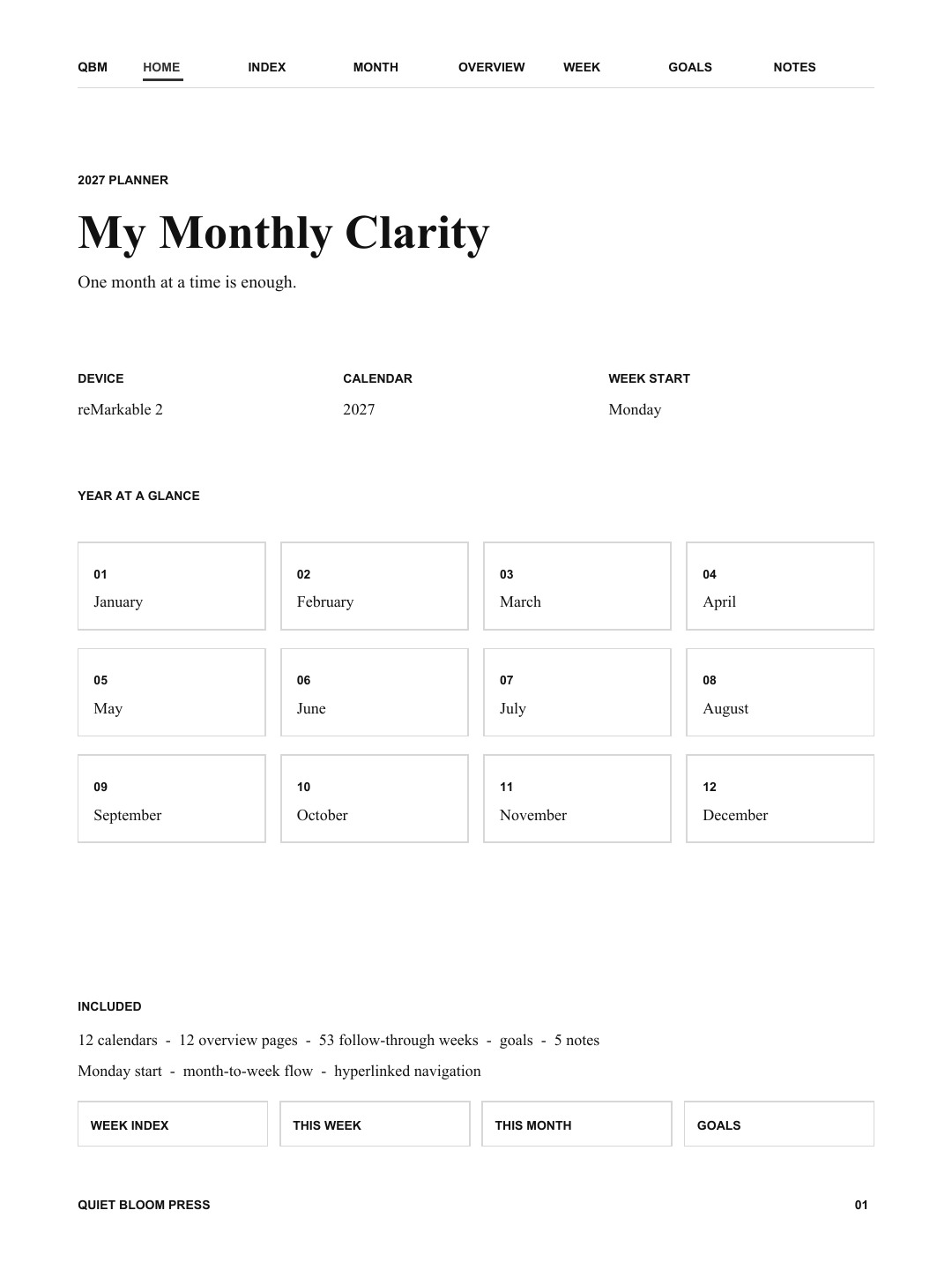 Monthly Clarity page fitted to reMarkable 2