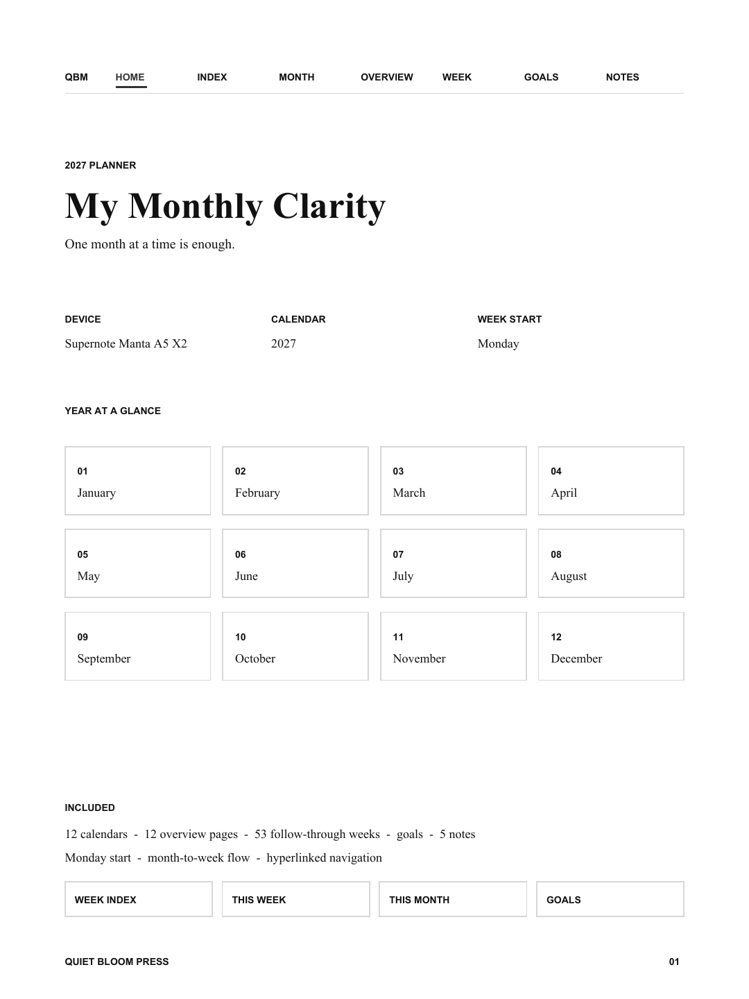 Monthly Clarity page fitted to Supernote Manta A5 X2