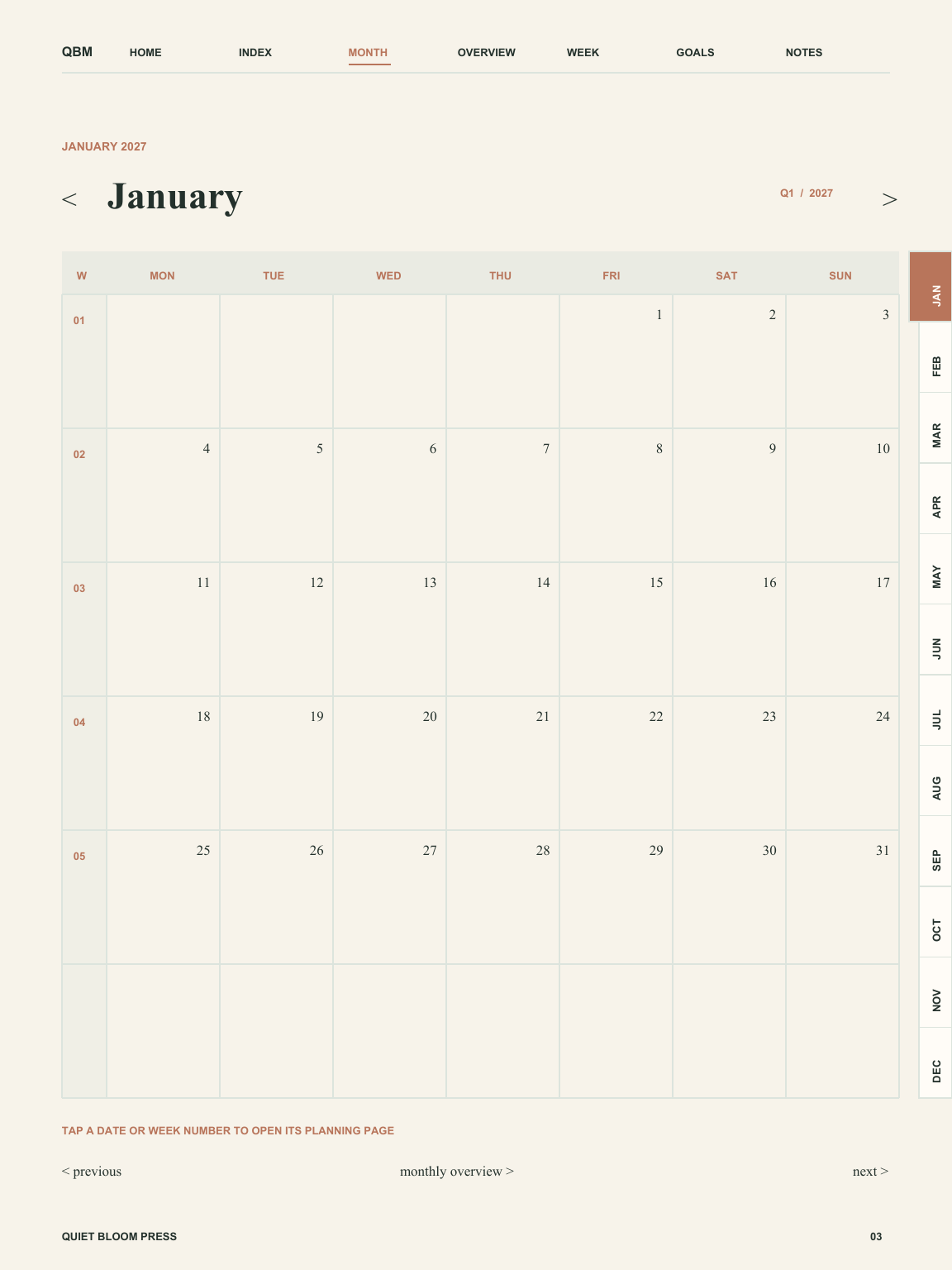 Monthly Clarity calendar page